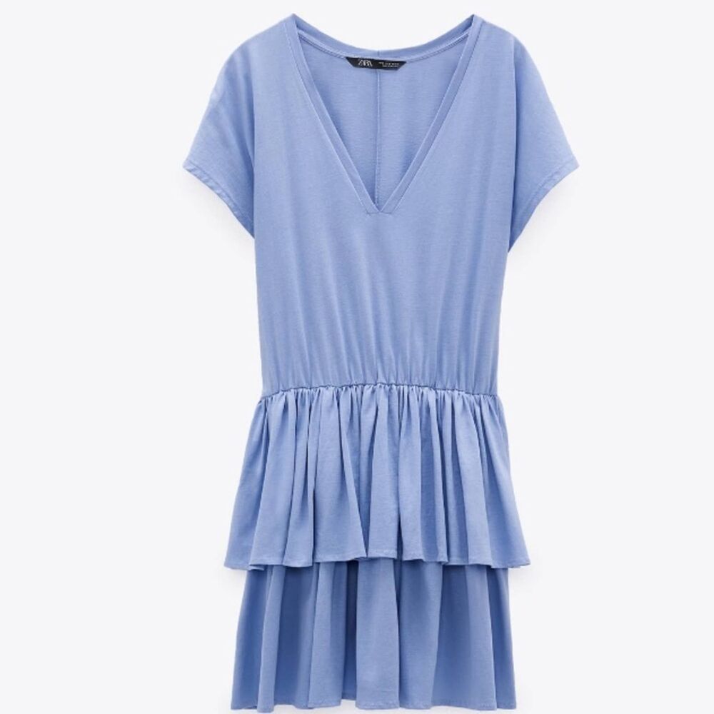 ZARA RUFFLED V NECK DRESS BLUE LARGE